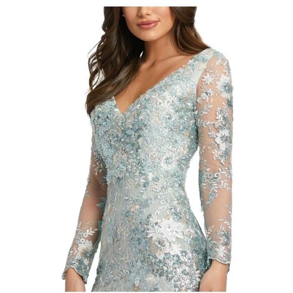 Mac Duggal 67539 Sea Mist Embellished Illusion V Neck Long Sleeve Gown 14 $698 - Picture 5 of 10